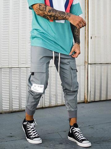 Gray Cotton-Blend Pockets Casual Pants